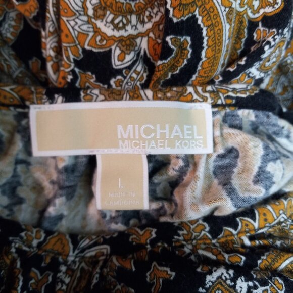 Michael Kors Size L Blouse Womens Paisley Print Black Orange Peasant Top - Picture 5 of 6